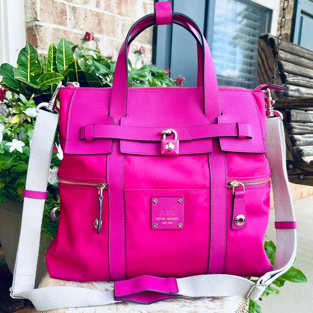 RARE Magenta Pink HENRI BENDEL Large Jetsetter Leather Convertible Backpack Bag - Picture 2 of 16